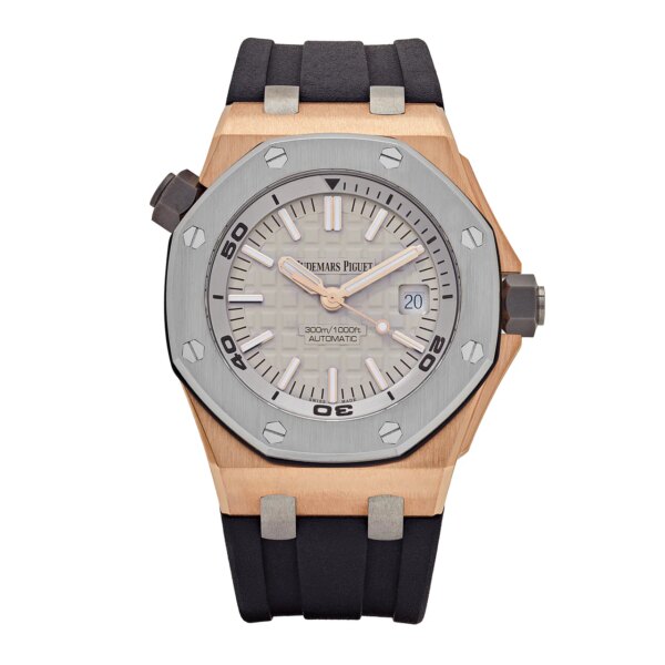 Audemars Piguet Royal Oak Offshore Diver Rose Gold Grey Dial 15711OI.OO.A006CA.01 limited edition watch with a 42mm rose gold case and black rubber strap.