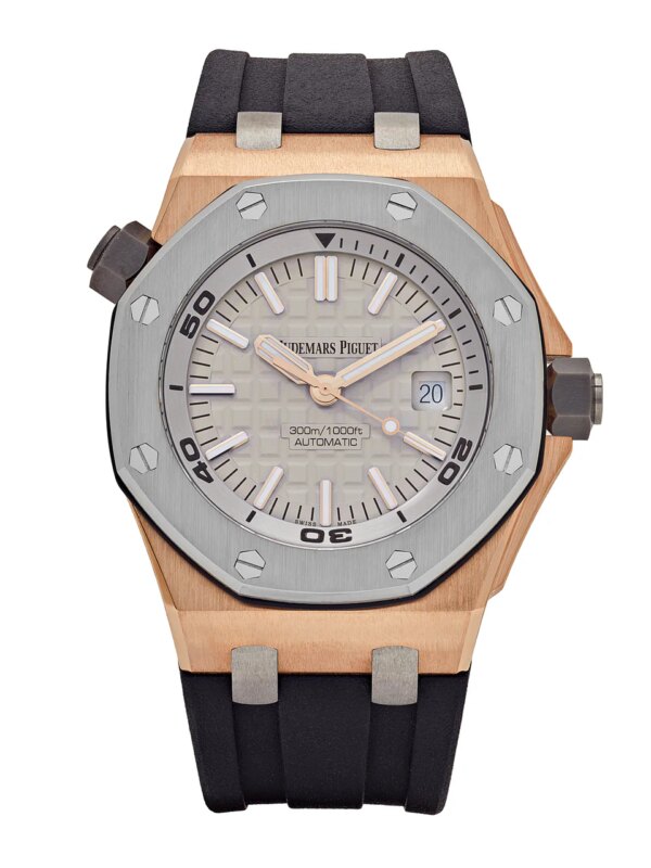Audemars Piguet Royal Oak Offshore Diver Rose Gold Grey Dial 15711OI.OO.A006CA.01 limited edition watch with a 42mm rose gold case and black rubber strap.