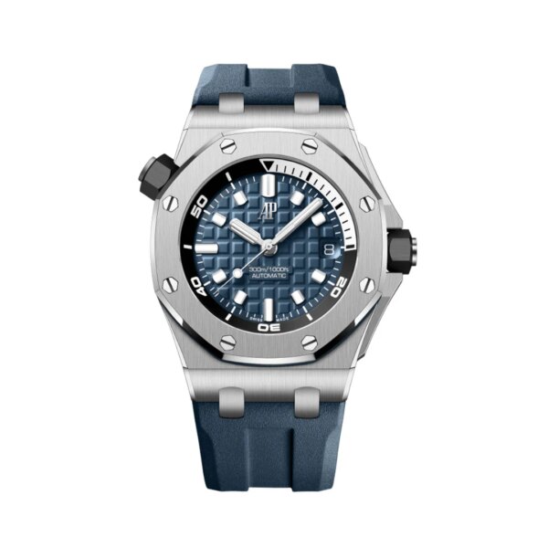 Audemars Piguet Royal Oak Offshore Diver 15720ST.OO.A027CA.01, featuring a 42mm stainless steel case, blue dial, luminescent markers, and 300-meter water resistance.