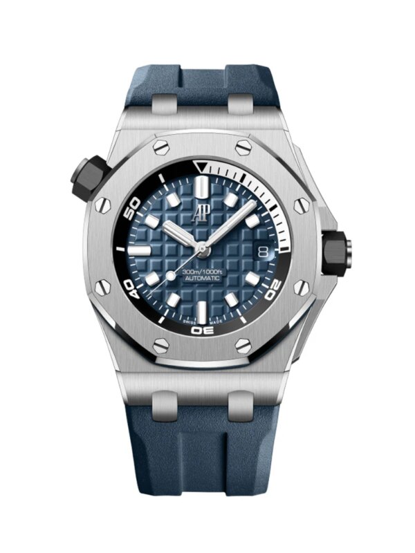 Audemars Piguet Royal Oak Offshore Diver 15720ST.OO.A027CA.01, featuring a 42mm stainless steel case, blue dial, luminescent markers, and 300-meter water resistance.
