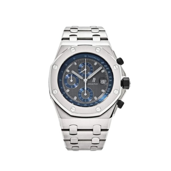 Audemars Piguet Royal Oak Offshore 25721TI.OO.1000TI.01 Chronograph with 42mm titanium case, silver Grande Tapisserie dial, navy sub-dials, and titanium bracelet.