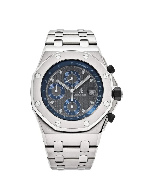 Audemars Piguet Royal Oak Offshore 25721TI.OO.1000TI.01 Chronograph with 42mm titanium case, silver Grande Tapisserie dial, navy sub-dials, and titanium bracelet.