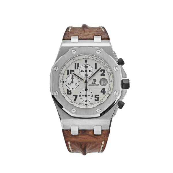 Audemars Piguet Royal Oak Offshore Chronograph "Safari" 26020ST.OO.D091CR.01.A featuring a 42mm stainless steel case, white dial with 'Mega Tapisserie' pattern, and brown leather strap.