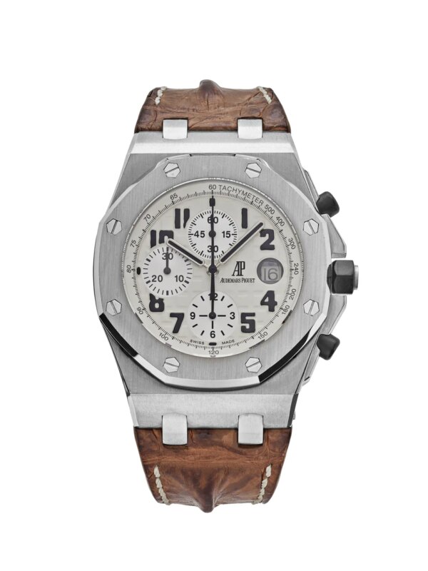 Audemars Piguet Royal Oak Offshore Chronograph "Safari" 26020ST.OO.D091CR.01.A featuring a 42mm stainless steel case, white dial with 'Mega Tapisserie' pattern, and brown leather strap.