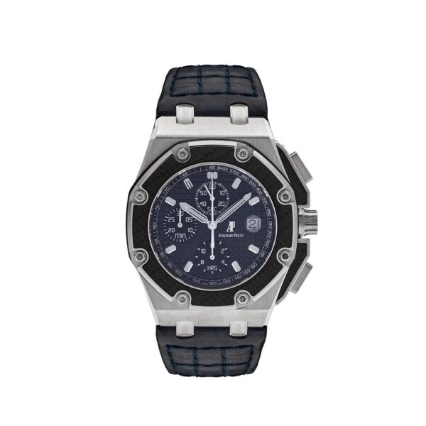 Audemars Piguet Royal Oak Offshore 'Juan Pablo Montoya' Blue 26030PO.00.D021IN.01, featuring a polished platinum case, blue dial, and blue rubber strap.