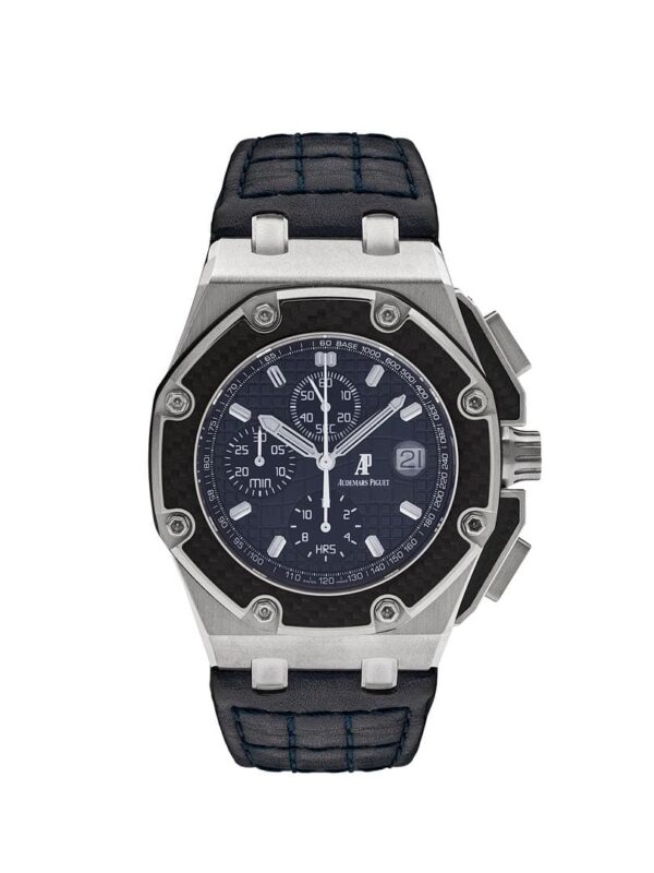 Audemars Piguet Royal Oak Offshore 'Juan Pablo Montoya' Blue 26030PO.00.D021IN.01, featuring a polished platinum case, blue dial, and blue rubber strap.