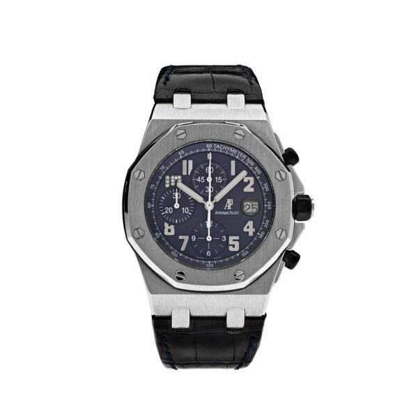 Audemars Piguet Royal Oak Offshore Jay-Z Platinum 26055PT.OO.D028CR.01 featuring a 42mm platinum case, blue dial, black crocodile strap, and Jay-Z signature engraved case back.