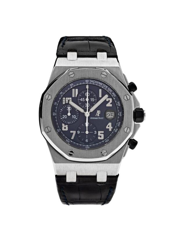 Audemars Piguet Royal Oak Offshore Jay-Z Platinum 26055PT.OO.D028CR.01 featuring a 42mm platinum case, blue dial, black crocodile strap, and Jay-Z signature engraved case back.