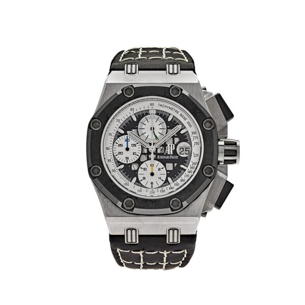Audemars Piguet Royal Oak Offshore Rubens Barrichello II 26078IO.OO.D001VS.01 with a 42mm titanium case, black dial, red accents, and a black rubber strap.
