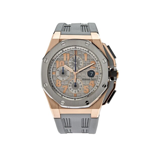 Audemars Piguet Royal Oak Offshore Chronograph "LeBron James" Limited Edition 26210OI.OO.A109CR.01 featuring a 44mm rose gold case, blue dial, and rubber strap.