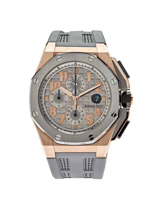 Audemars Piguet Royal Oak Offshore Chronograph "LeBron James" Limited Edition 26210OI.OO.A109CR.01 featuring a 44mm rose gold case, blue dial, and rubber strap.