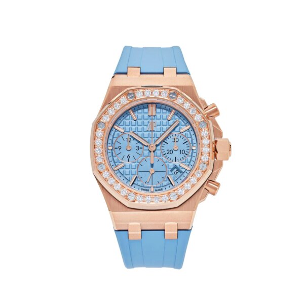 Royal Oak Offshore Selfwinding Chronograph 26231OR.ZZ.A085CA.01 with a 37mm rose gold case, diamond bezel, light blue 'Lady Tapisserie' dial, and blue and white rubber straps.