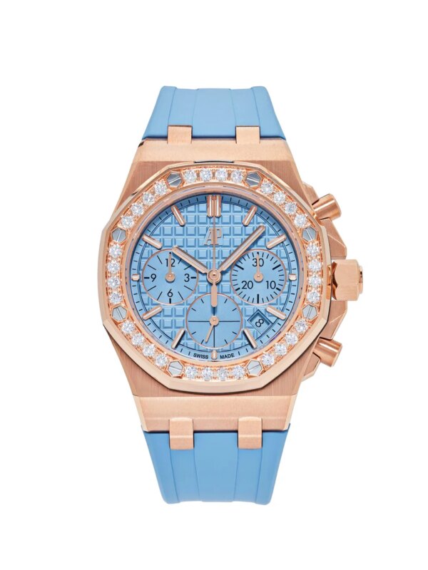 Royal Oak Offshore Selfwinding Chronograph 26231OR.ZZ.A085CA.01 with a 37mm rose gold case, diamond bezel, light blue 'Lady Tapisserie' dial, and blue and white rubber straps.