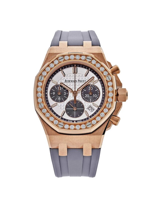 Audemars Piguet Royal Oak Offshore Lady Rose Gold Diamond Bezel 26231OR.ZZ.D003CA.01 featuring an 18k rose gold case, diamond-set bezel, and silver dial with rose gold hands.