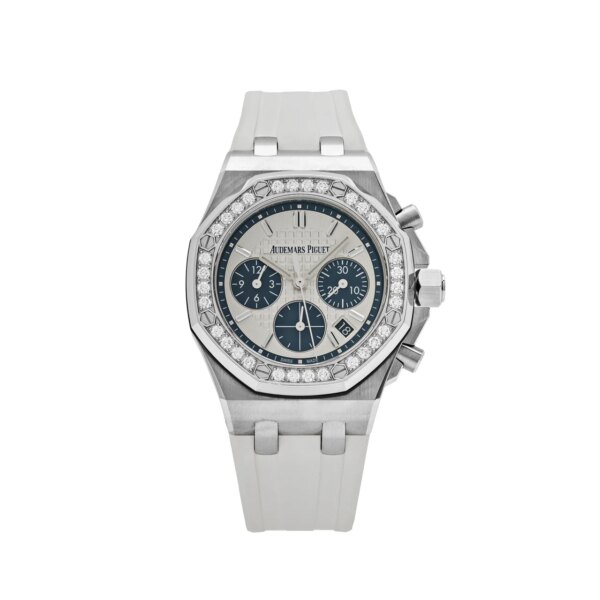 Audemars Piguet Royal Oak Offshore 26231ST.ZZ.D010CA.01.A Selfwinding Chronograph with 37mm stainless steel case, diamond bezel, silver-toned dial, and white rubber strap.
