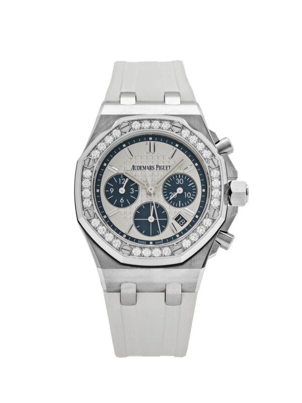 Audemars Piguet Royal Oak Offshore 26231ST.ZZ.D010CA.01.A Selfwinding Chronograph with 37mm stainless steel case, diamond bezel, silver-toned dial, and white rubber strap.