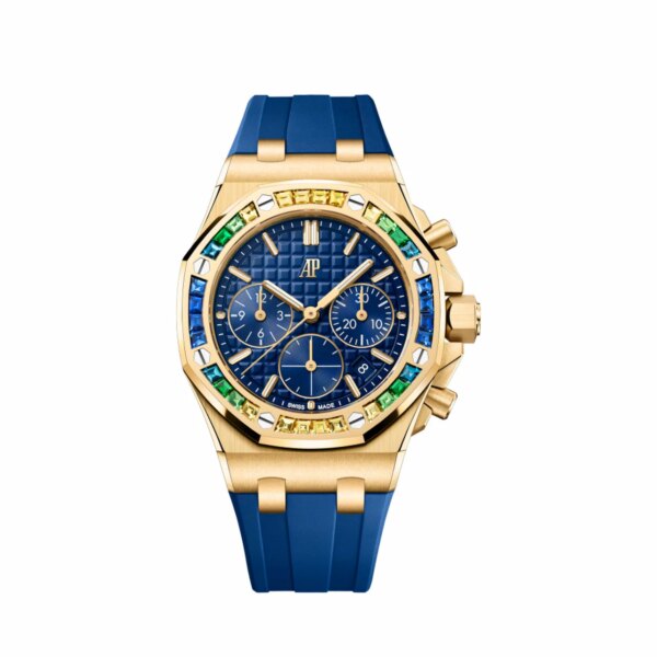 Audemars Piguet Royal Oak Offshore Selfwinding Chronograph 26236BA.YY.D346CA.01 with an 18-carat yellow gold case, sapphire-set bezel, blue dial, and blue rubber strap.