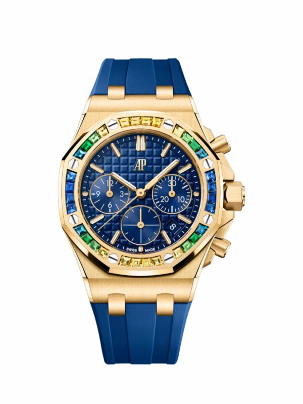 Audemars Piguet Royal Oak Offshore Selfwinding Chronograph 26236BA.YY.D346CA.01 with an 18-carat yellow gold case, sapphire-set bezel, blue dial, and blue rubber strap.