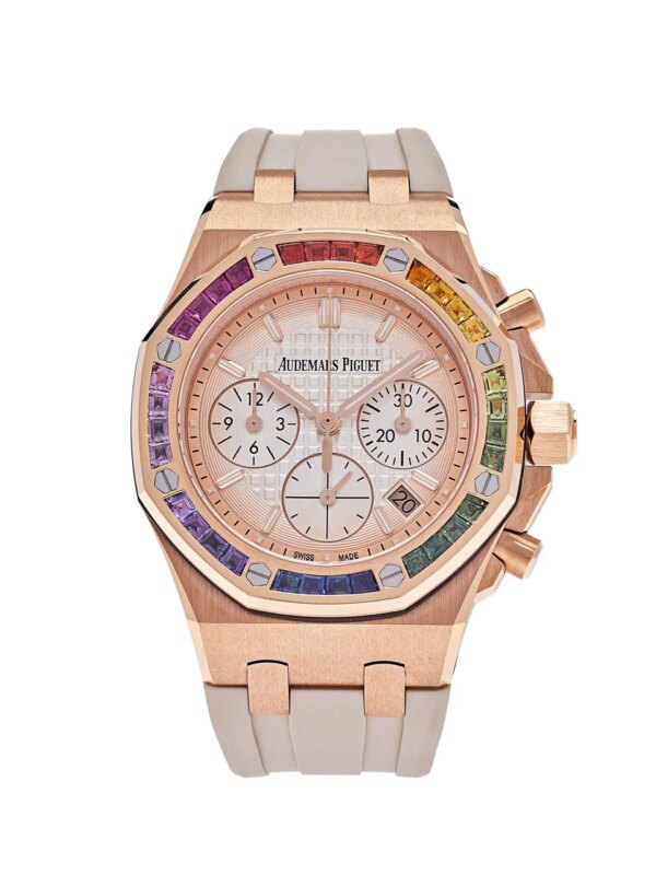 Audemars Piguet Royal Oak Offshore Selfwinding Chronograph Rainbow Bezel 26236OR.YY.D085CA.01 in 18k rose gold with a rainbow bezel adorned with colored gemstones.