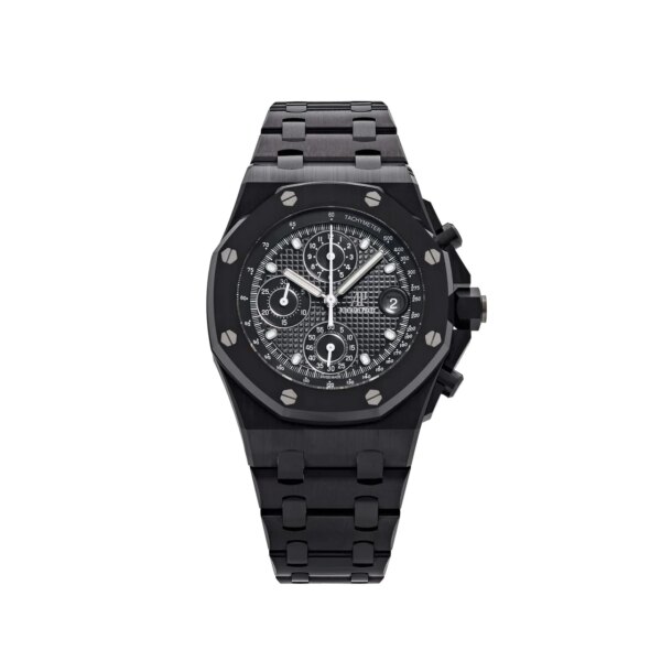 Audemars Piguet Royal Oak Offshore Black Ceramic 26238CE.OO.1300CE.01 with a black ceramic case, "Méga Tapisserie" dial, and black rubber strap.
