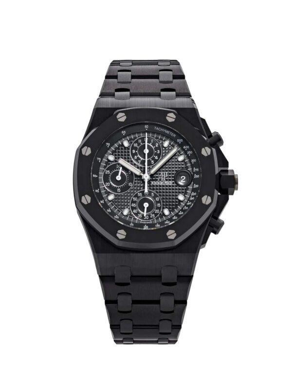 Audemars Piguet Royal Oak Offshore Black Ceramic 26238CE.OO.1300CE.01 with a black ceramic case, "Méga Tapisserie" dial, and black rubber strap.