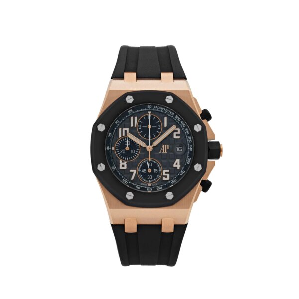Experience the Audemars Piguet Royal Oak Offshore 26238OK.OO.A002CA.01 Chronograph. Crafted in 42mm rose gold, featuring a black 'Grande Tapisserie' dial, and paired with a black rubber strap.