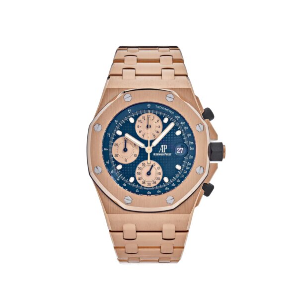 Audemars Piguet Royal Oak Offshore Chronograph 'Brick' Rose Gold 26238OR.OO.2000OR.01 with a 44mm rose gold case, blue dial, and matching rose gold bracelet.