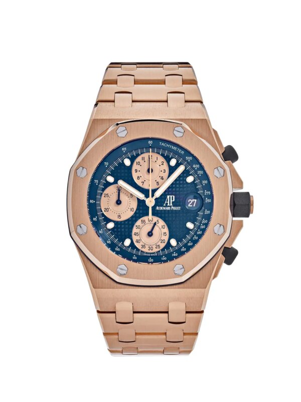 Audemars Piguet Royal Oak Offshore Chronograph 'Brick' Rose Gold 26238OR.OO.2000OR.01 with a 44mm rose gold case, blue dial, and matching rose gold bracelet.