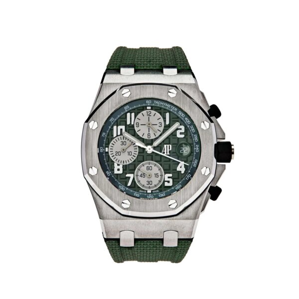 Audemars Piguet Royal Oak Offshore Selfwinding Chronograph 26238TI.OO.A056CA.01 featuring a 42mm titanium case, blue dial, and blue rubber strap with folding clasp.