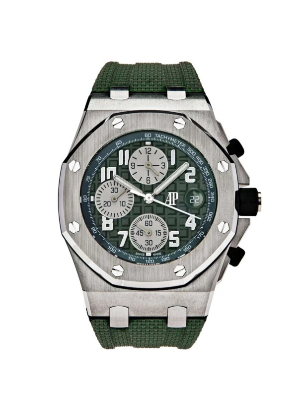 Audemars Piguet Royal Oak Offshore Selfwinding Chronograph 26238TI.OO.A056CA.01 featuring a 42mm titanium case, blue dial, and blue rubber strap with folding clasp.