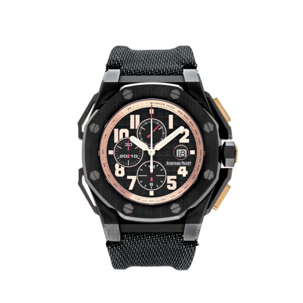 Audemars Piguet Royal Oak Offshore 'Arnold Schwarzenegger The Legacy Chronograph' 26378IO.OO.A001KE.01, limited edition 48mm titanium case with orange accents and skeletonized dial.