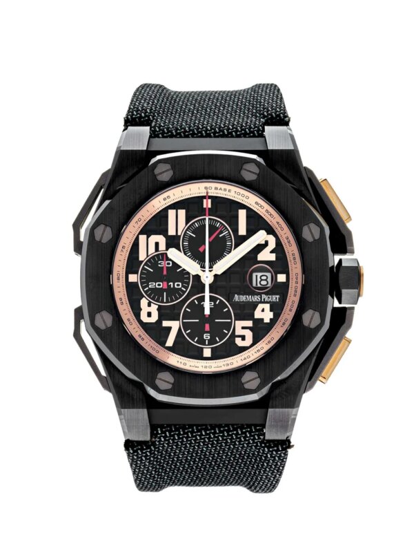 Audemars Piguet Royal Oak Offshore 'Arnold Schwarzenegger The Legacy Chronograph' 26378IO.OO.A001KE.01, limited edition 48mm titanium case with orange accents and skeletonized dial.