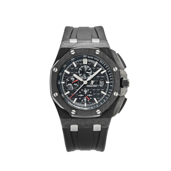 Audemars Piguet Royal Oak Offshore Chronograph 44mm Black Carbon 26400AU.OO.A002CA.01 with a black carbon case, Méga Tapisserie dial, and black rubber strap.