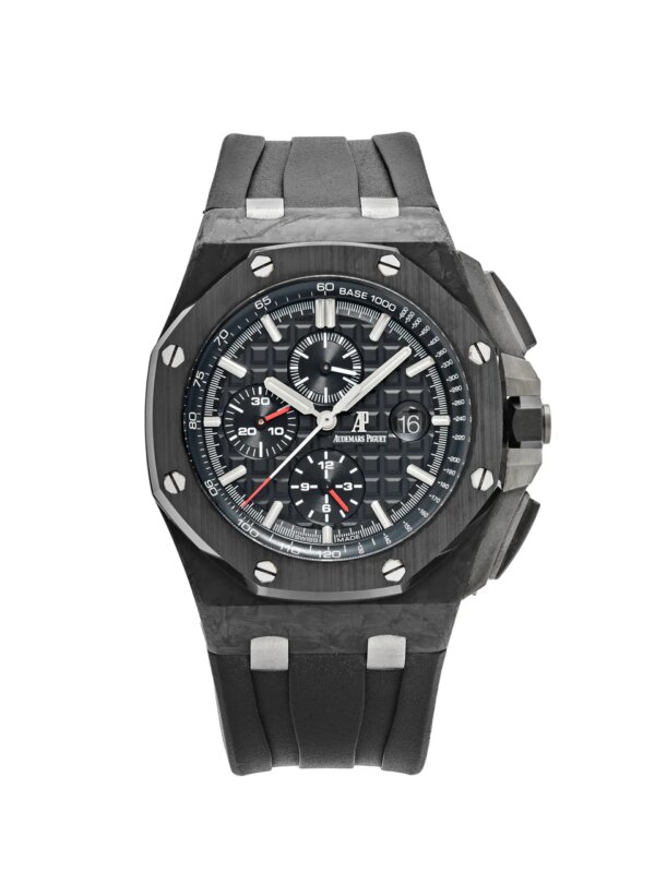 Audemars Piguet Royal Oak Offshore Chronograph 44mm Black Carbon 26400AU.OO.A002CA.01 with a black carbon case, Méga Tapisserie dial, and black rubber strap.
