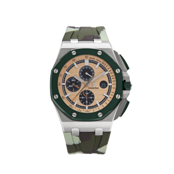 Audemars Piguet Royal Oak Offshore Selfwinding Chronograph 44mm Beige Dial 26400SO.OO.A054CA.01 with a beige dial, stainless steel case, and beige rubber strap.