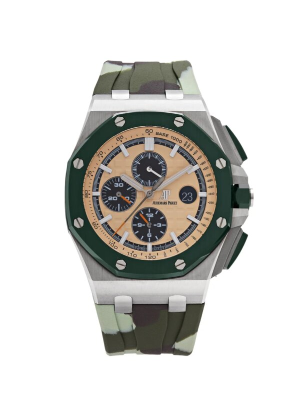 Audemars Piguet Royal Oak Offshore Selfwinding Chronograph 44mm Beige Dial 26400SO.OO.A054CA.01 with a beige dial, stainless steel case, and beige rubber strap.