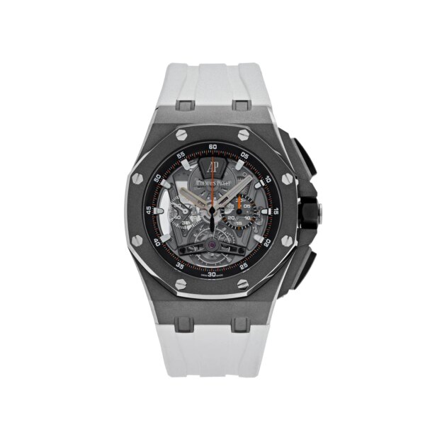 Audemars Piguet Royal Oak Offshore 26407TI.GG.A002CA.01 Tourbillon Chronograph with a 44mm titanium case, openworked dial, black and white counters, and a white rubber bracelet.