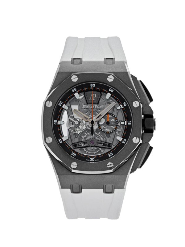 Audemars Piguet Royal Oak Offshore 26407TI.GG.A002CA.01 Tourbillon Chronograph with a 44mm titanium case, openworked dial, black and white counters, and a white rubber bracelet.