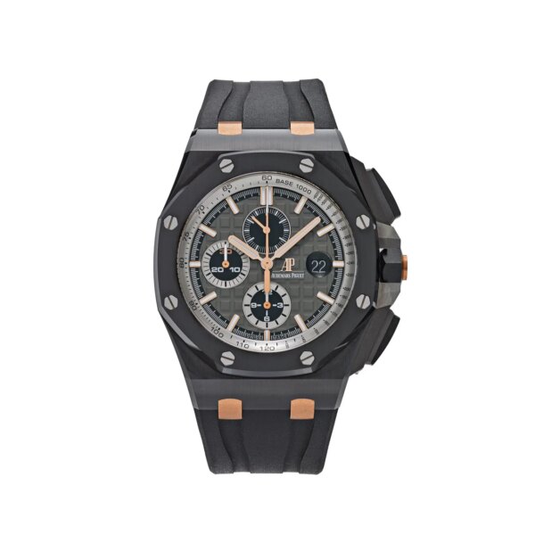 Audemars Piguet Royal Oak Offshore 26415CE.OO.A002CA.01 'Pride of Germany' Ceramic Limited Edition (2022) with a 44mm black ceramic case, gold-tone hands, and a black rubber strap.