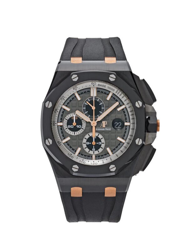 Audemars Piguet Royal Oak Offshore 26415CE.OO.A002CA.01 'Pride of Germany' Ceramic Limited Edition (2022) with a 44mm black ceramic case, gold-tone hands, and a black rubber strap.
