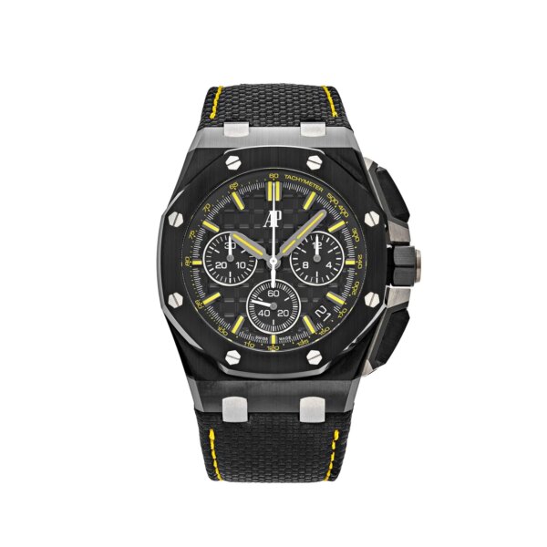 Audemars Piguet Royal Oak Offshore Chronograph Black Ceramic "End of Days" 26420CE.OO.A005VE.01 with a 43mm black ceramic case, yellow gold accents, and leather strap.
