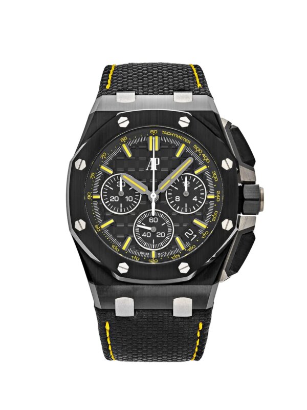 Audemars Piguet Royal Oak Offshore Chronograph Black Ceramic "End of Days" 26420CE.OO.A005VE.01 with a 43mm black ceramic case, yellow gold accents, and leather strap.