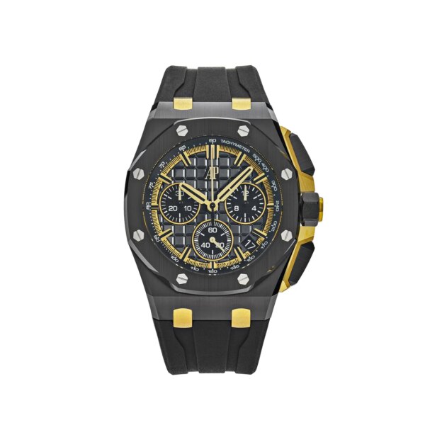 Audemars Piguet Royal Oak Offshore Chronograph Black Ceramic Yellow Gold 26420CE.OO.A127CR.01, featuring a black ceramic case, yellow gold accents, and a black rubber strap.