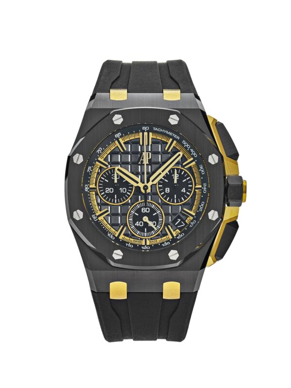Audemars Piguet Royal Oak Offshore Chronograph Black Ceramic Yellow Gold 26420CE.OO.A127CR.01, featuring a black ceramic case, yellow gold accents, and a black rubber strap.