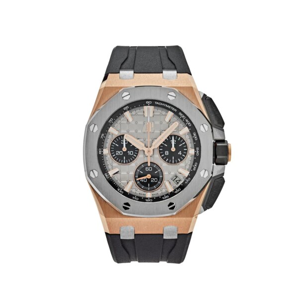 Audemars Piguet Royal Oak Offshore Chronograph 26420OI.OO.A015VE.01 with 43mm rose gold case, grey "Méga Tapisserie" dial, black rubber strap, and water resistance up to 100 meters.