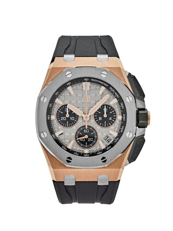 Audemars Piguet Royal Oak Offshore Chronograph 26420OI.OO.A015VE.01 with 43mm rose gold case, grey "Méga Tapisserie" dial, black rubber strap, and water resistance up to 100 meters.