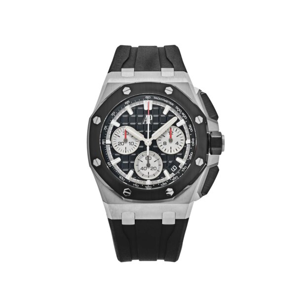 Audemars Piguet Royal Oak Offshore 26420SO.OO.A002CA.01 with a 43mm stainless steel case, black dial, and interchangeable black rubber and brown leather straps.