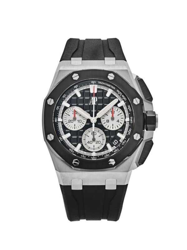 Audemars Piguet Royal Oak Offshore 26420SO.OO.A002CA.01 with a 43mm stainless steel case, black dial, and interchangeable black rubber and brown leather straps.