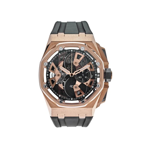 Audemars Piguet Royal Oak Offshore Tourbillon Chronograph 26421OR.OO.A002CA.01 with a 44mm rose gold case, black "Méga Tapisserie" dial, and black rubber strap.