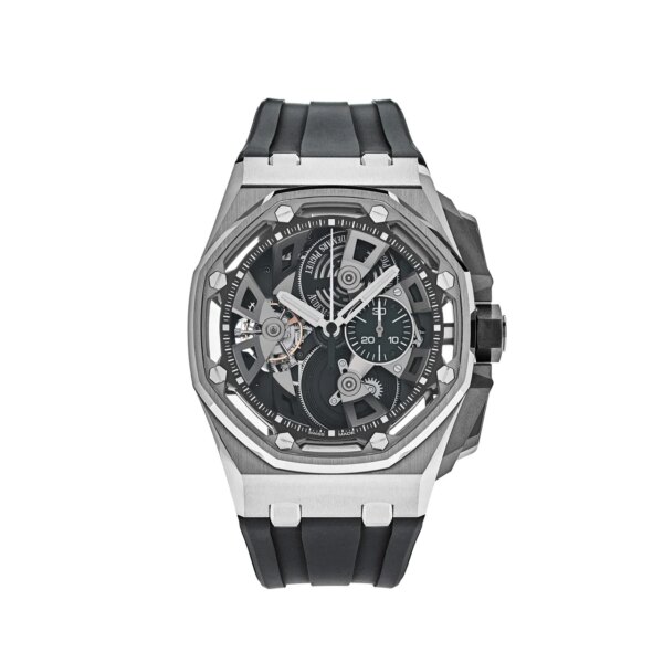 Audemars Piguet Royal Oak Offshore Tourbillon Chronograph 26421ST.OO.A002CA.01 with a 44mm stainless steel case, blue "Méga Tapisserie" dial, and blue rubber strap.